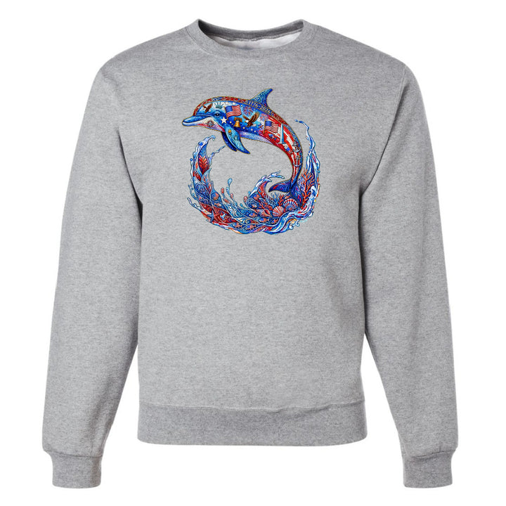 Gray sweatshirt with a colorful dolphin design on a white background