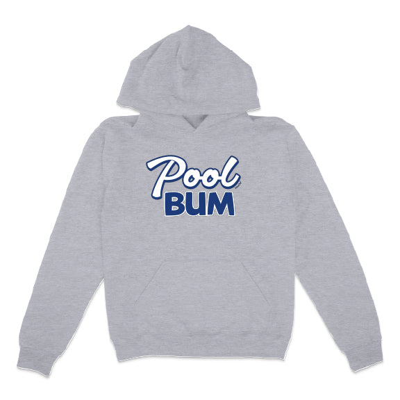 Gray hoodie with 'Pool Bum' text on a white background