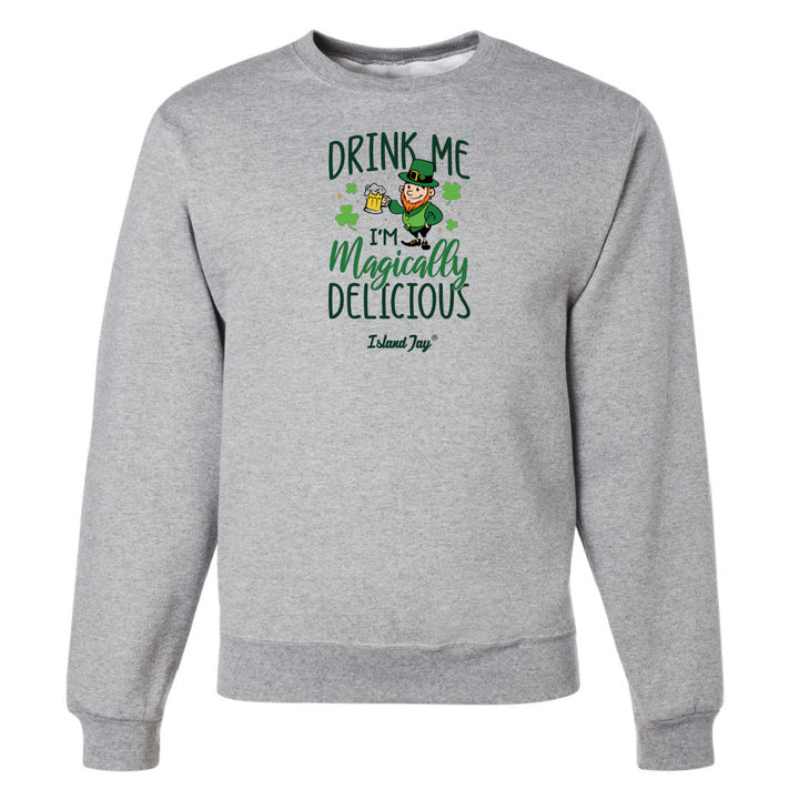 Gray sweatshirt with a graphic design featuring text and a leprechaun on a white background
