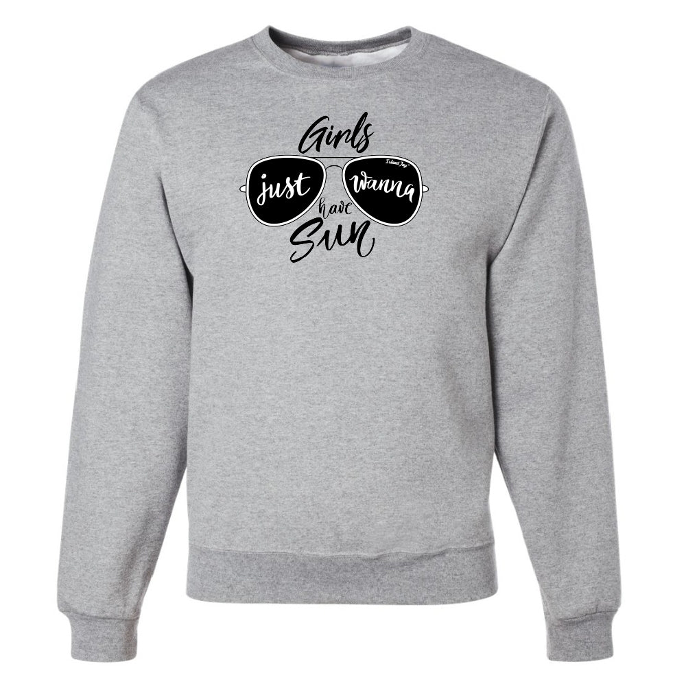 Gray sweatshirt with sunglasses graphic and text on a white background