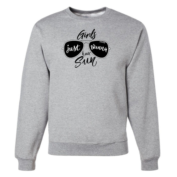 Gray sweatshirt with sunglasses graphic and text on a white background