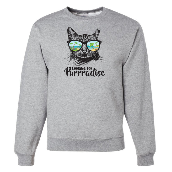 Gray sweatshirt with a cat graphic and text 'Looking for Purradise' on a white background