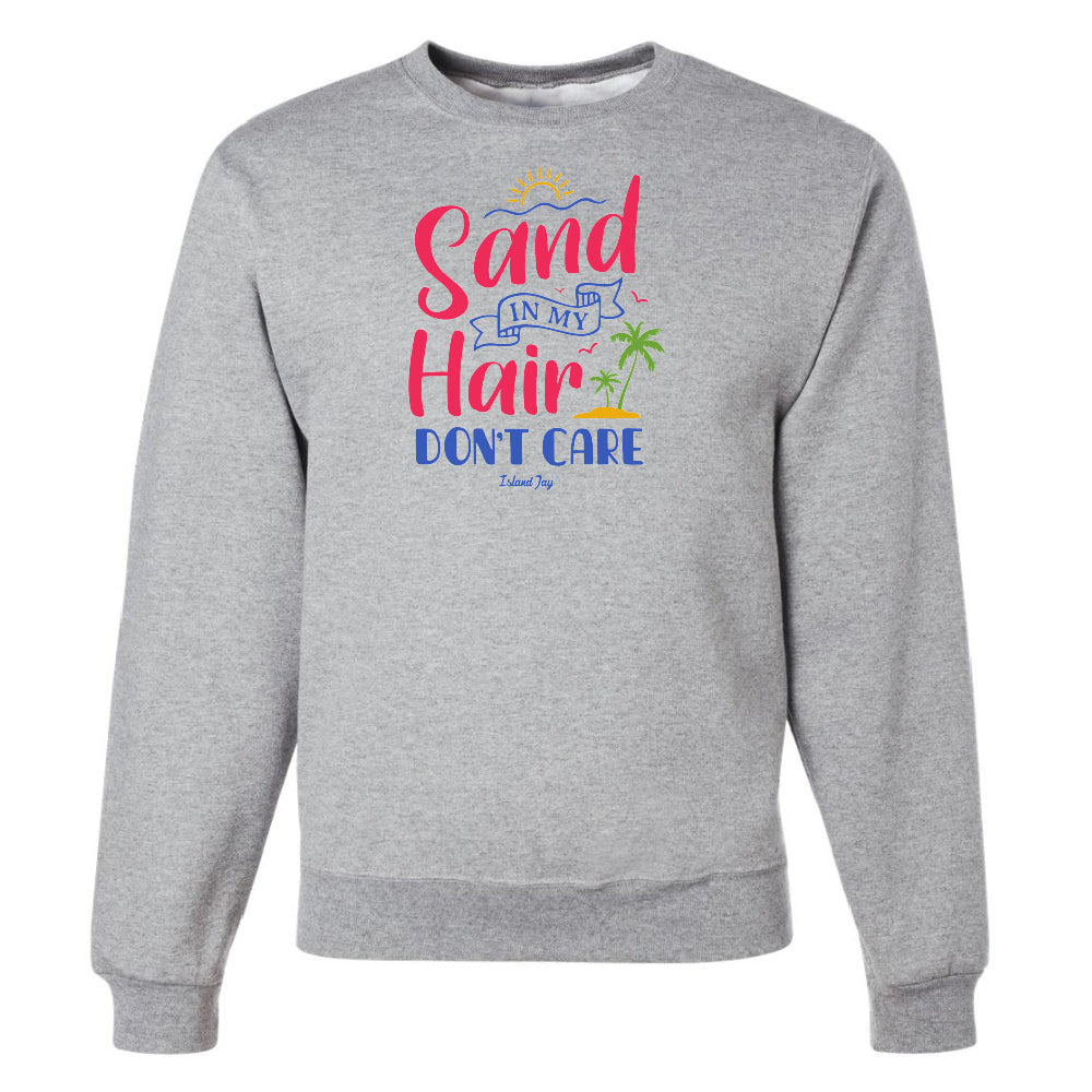 Gray sweatshirt with colorful text design on a white background