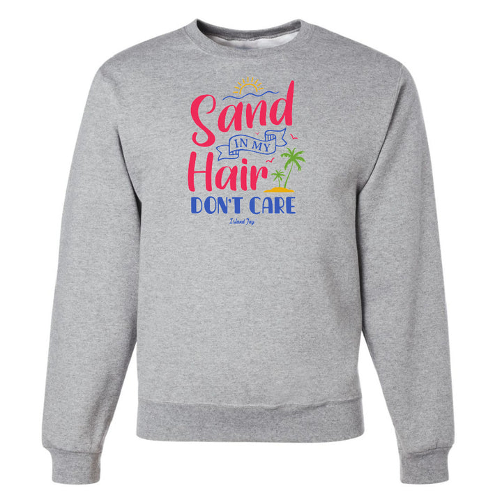 Gray sweatshirt with colorful text design on a white background