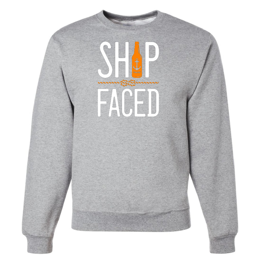 Gray sweatshirt with 'Ship Faced' text and bottle graphic on a white background