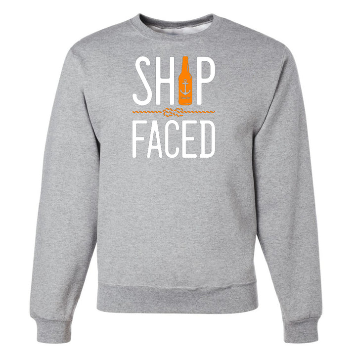 Gray sweatshirt with 'Ship Faced' text and bottle graphic on a white background