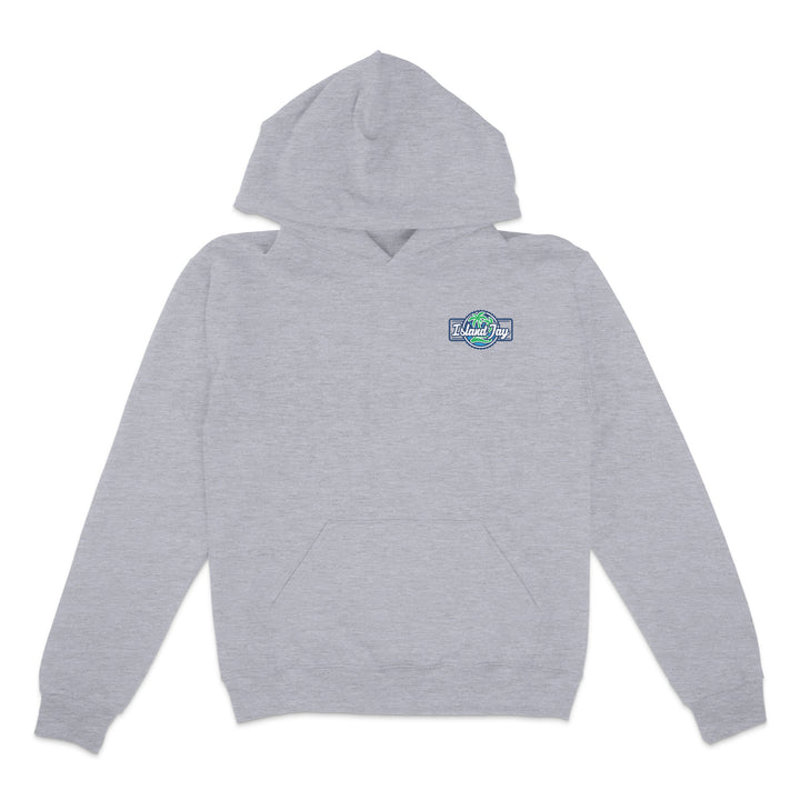 Gray hoodie with a logo on the chest against a white background