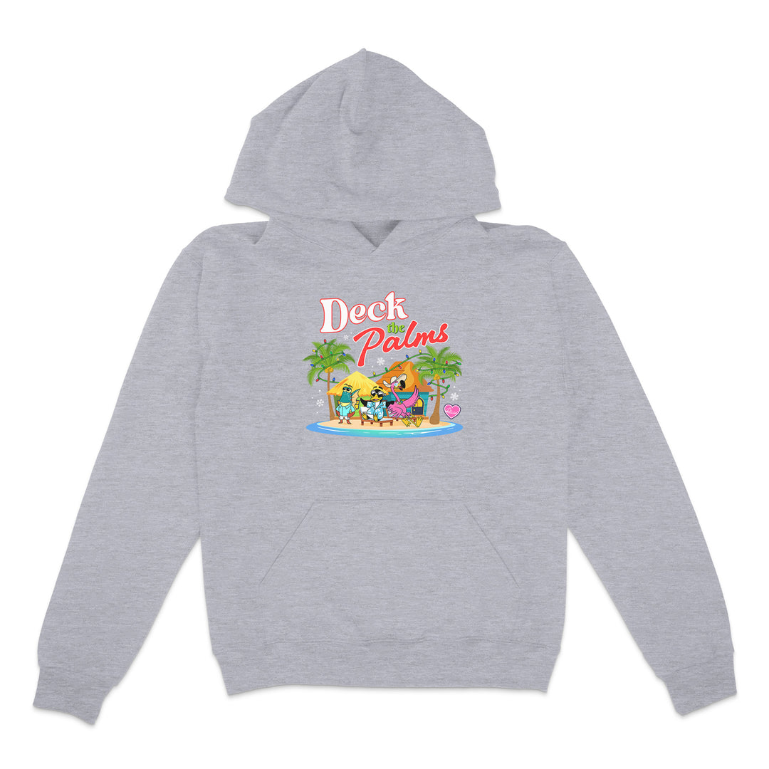 Gray hoodie with 'Deck the Palms' graphic design on a white background