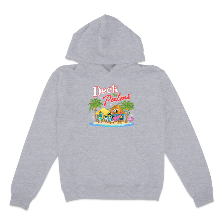 Gray hoodie with 'Deck the Palms' graphic design on a white background