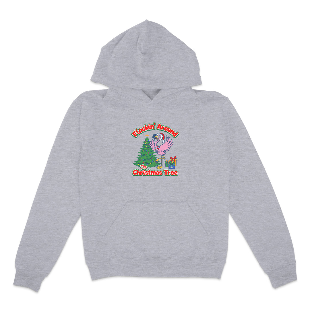 Gray hoodie with a Christmas-themed graphic on a white background