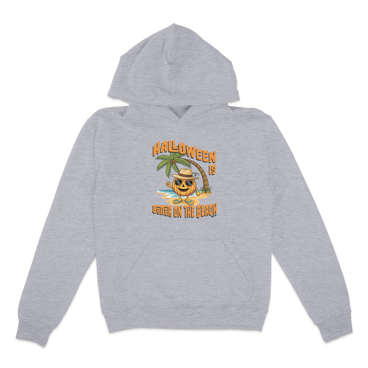 Gray hoodie with Halloween design featuring a pumpkin and palm tree on a white background