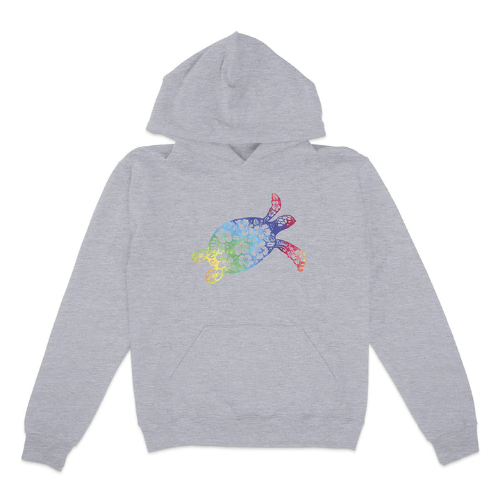 Gray hoodie with a colorful turtle design on a white background