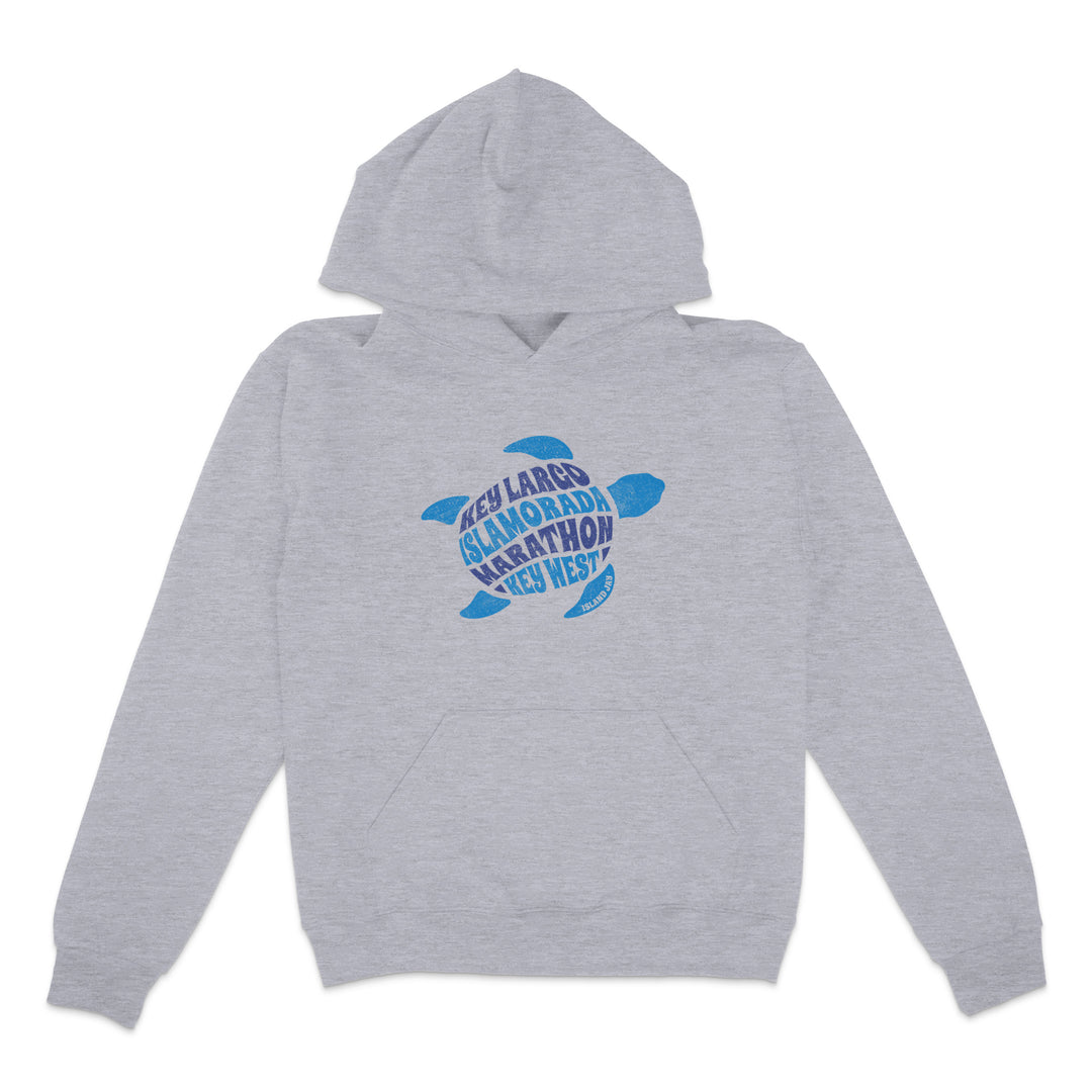 Gray hoodie with blue turtle graphic and text on a white background