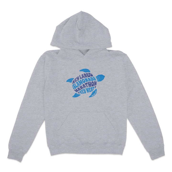 Gray hoodie with blue turtle graphic and text on a white background