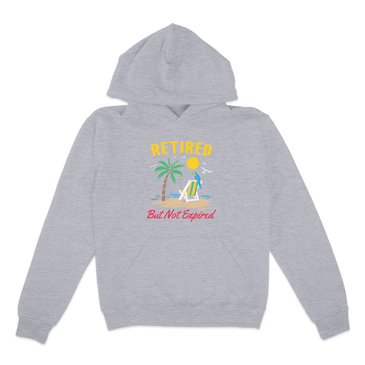 Gray hoodie with a retired but not expired design
