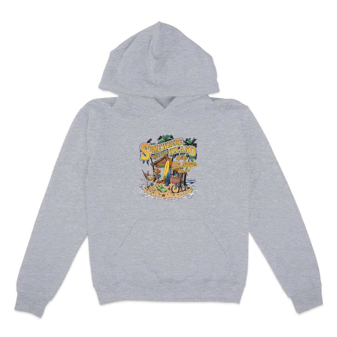 Gray hoodie with a colorful graphic design on a white background