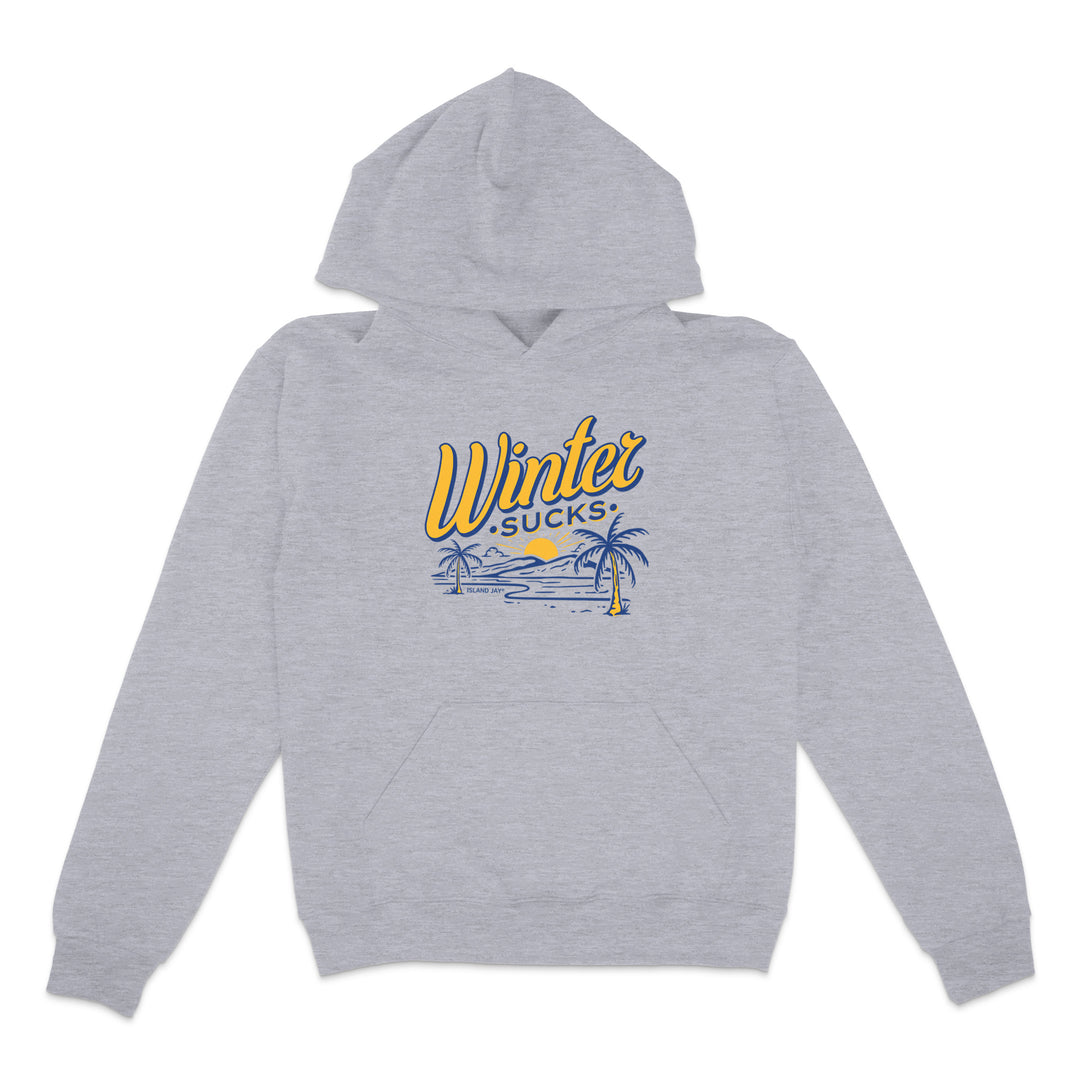 Gray hoodie with 'Winter Sucks' graphic on a white background