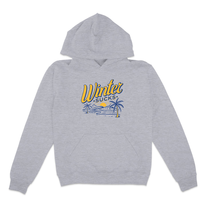 Gray hoodie with 'Winter Sucks' graphic on a white background