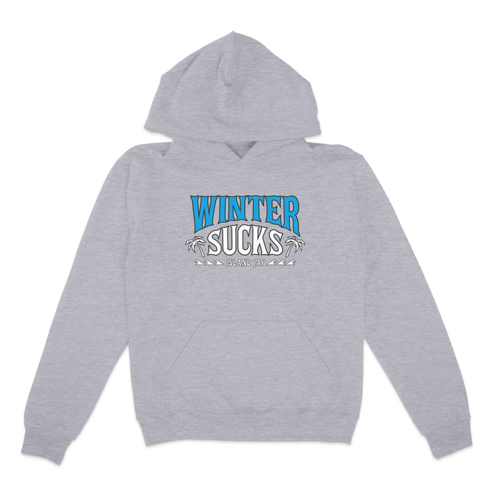 Gray hoodie with 'Winter Sucks' text on a white background