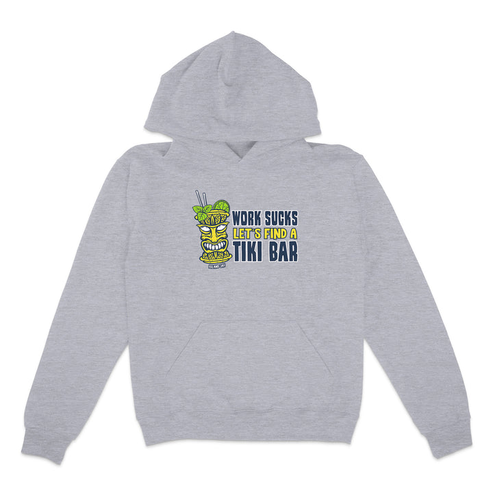 Gray hoodie with a tiki bar graphic and text on a white background