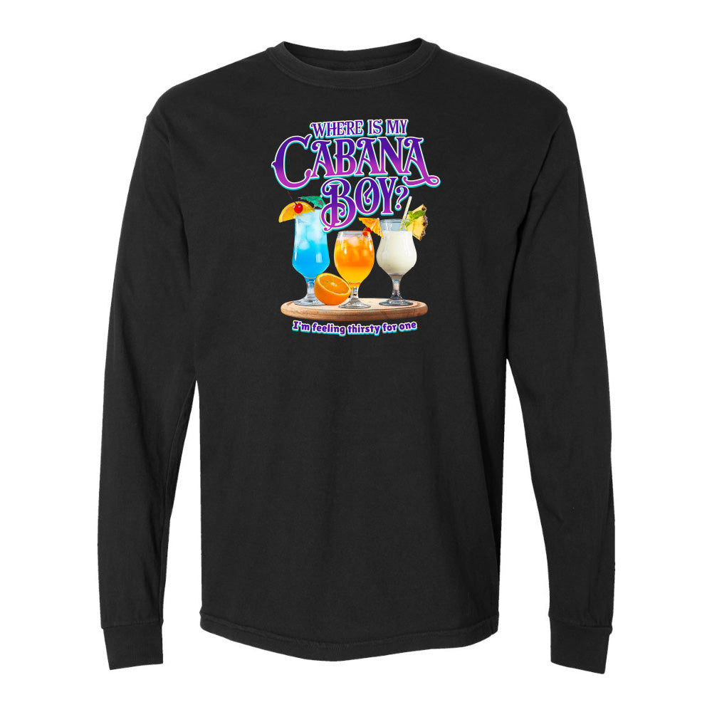 Black long-sleeve shirt with colorful graphic and text on a white background