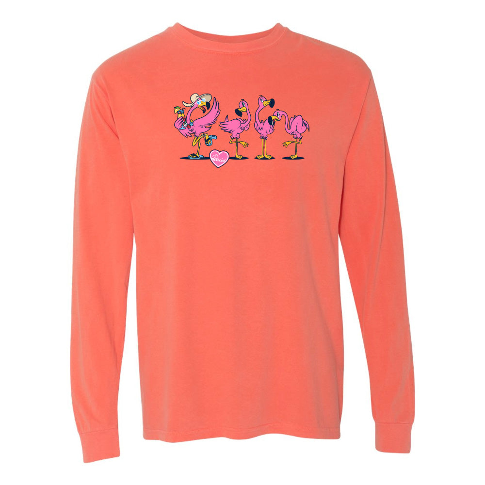 Coral long-sleeve shirt with flamingo design on a white background