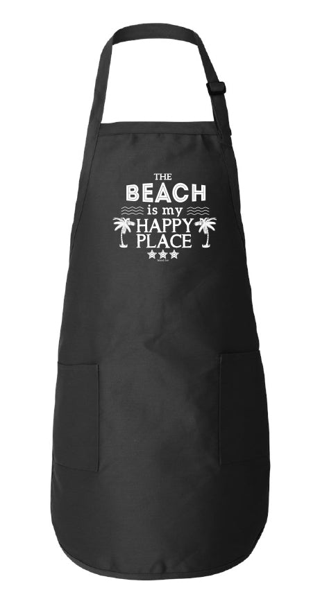 Black apron with 'The Beach is my Happy Place' text on a white background