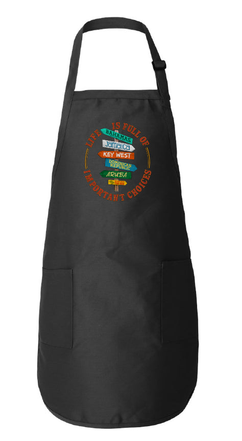 Black apron with colorful graphic design on a white background