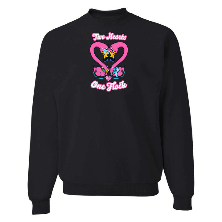 Black sweatshirt with a colorful graphic and text on a white background