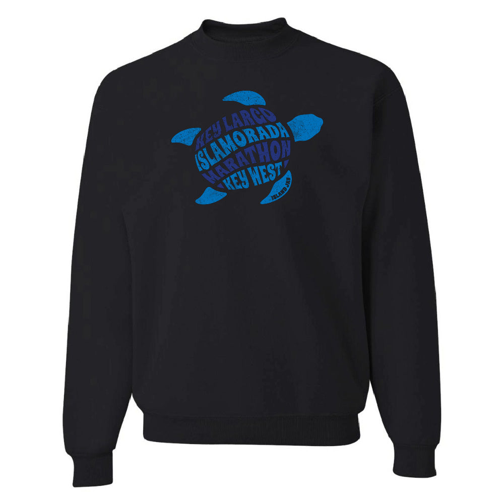 Black sweatshirt with blue turtle design and text on a white background