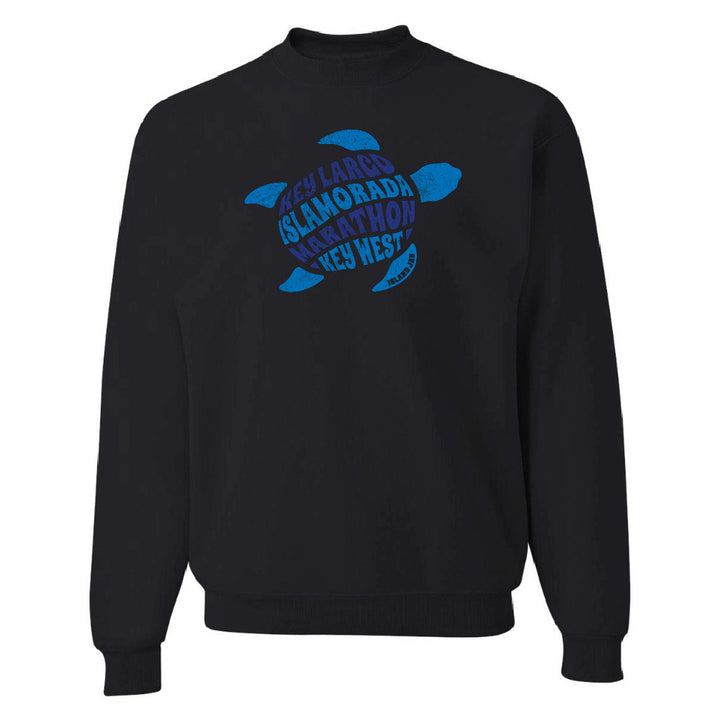 Black sweatshirt with blue turtle design and text on a white background