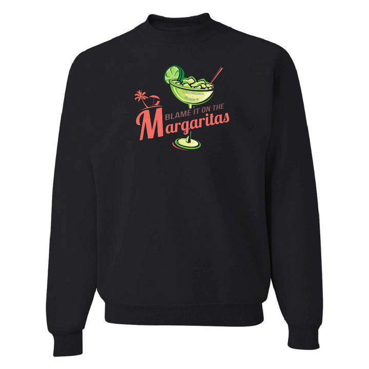Black sweatshirt with a graphic of a margarita and text 'Blame it on the Margaritas' on a white background