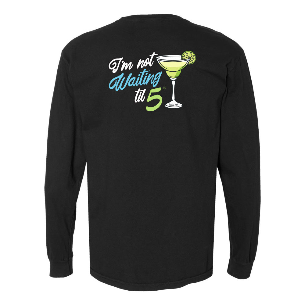 Black long-sleeve shirt with a cocktail graphic and text on the back, on a white background.