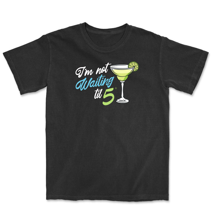 Black t-shirt with a cocktail graphic and text on a white background