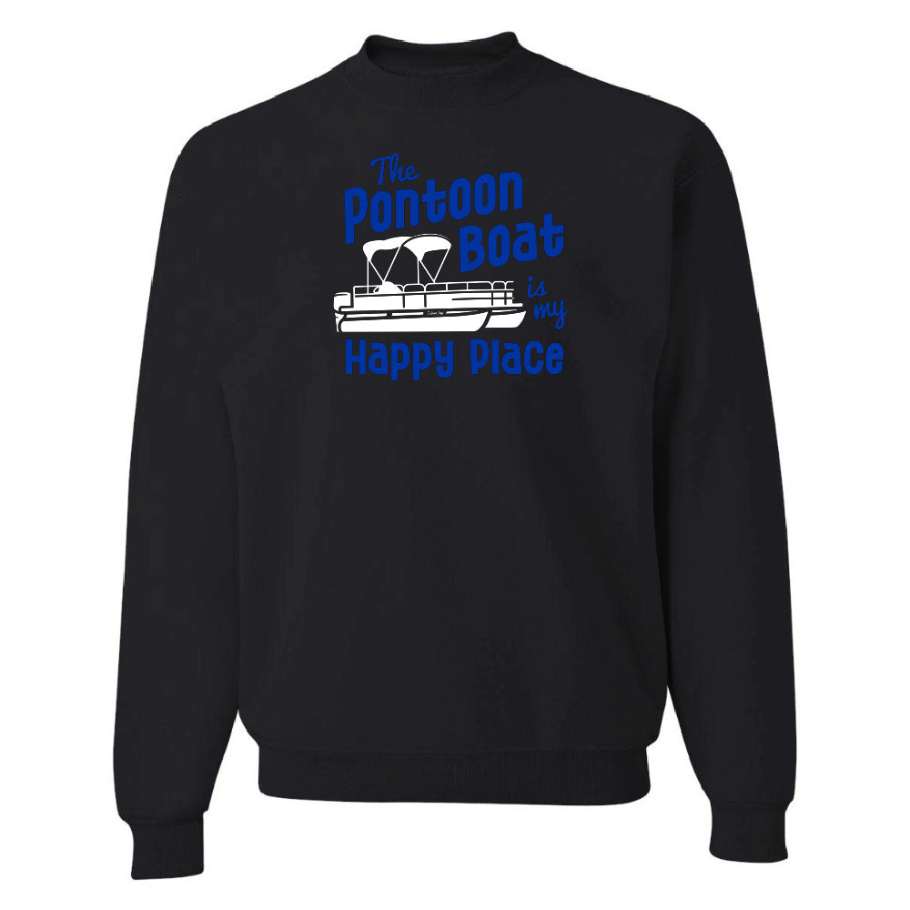 Black sweatshirt with blue text and boat graphic on a white background
