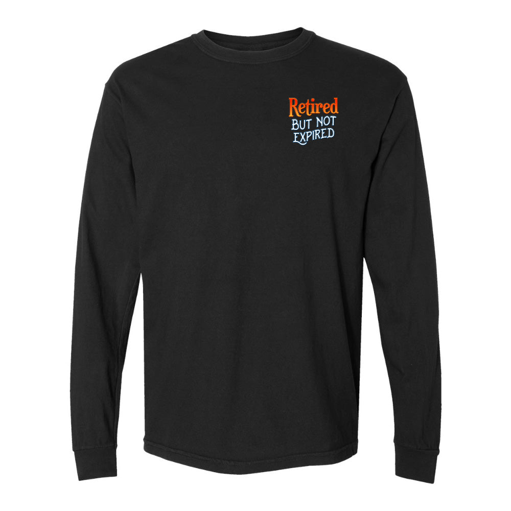 Black long-sleeve shirt with 'Retired But Not Expired' text on a white background