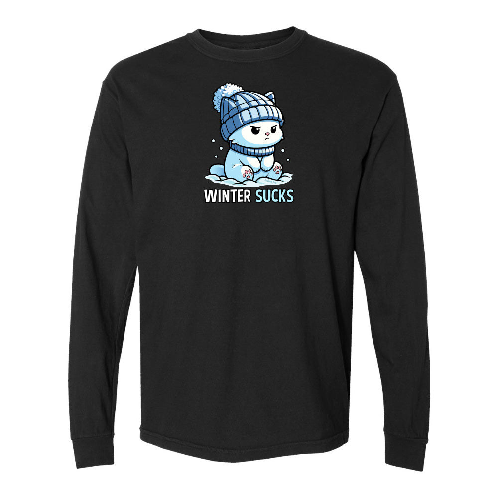 Black long-sleeve shirt with a cartoon character and 'Winter Sucks' text on a white background