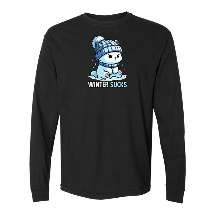 Black long-sleeve shirt with a cartoon character and 'Winter Sucks' text on a white background