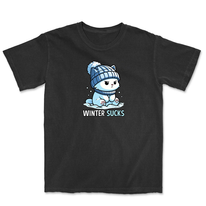 Black t-shirt with a cartoon character wearing a winter hat and scarf, and the text 'Winter Sucks' on a white background.