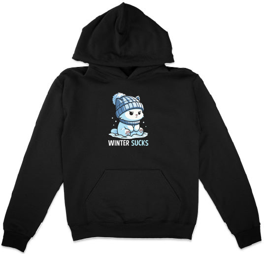Black hoodie with a graphic of a bear wearing a blue hat and scarf, and the text 'Winter Sucks' on a white background.