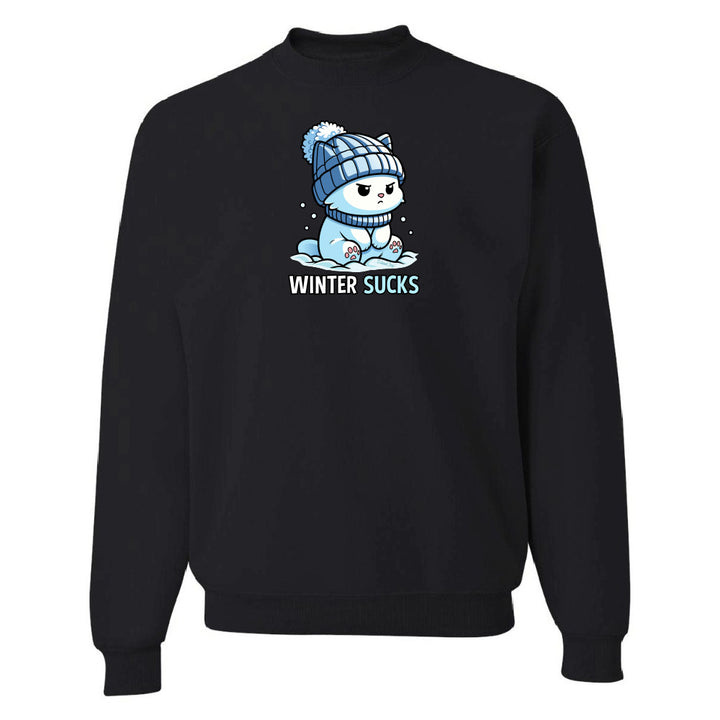 Black sweatshirt with a cartoon character and 'Winter Sucks' text on a white background