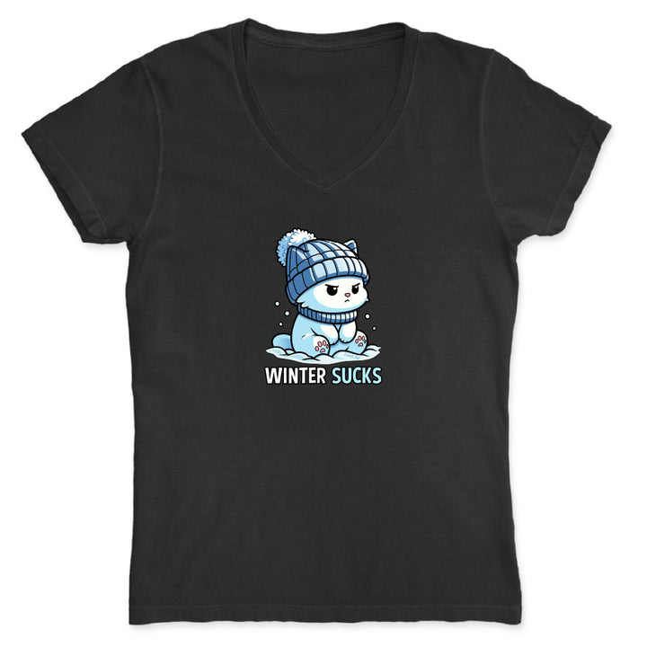 Black t-shirt with a cartoon penguin wearing a blue beanie and text 'Winter Sucks' on a white background