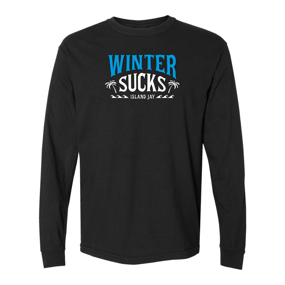 Black long-sleeve shirt with 'Winter Sucks' text on a white background