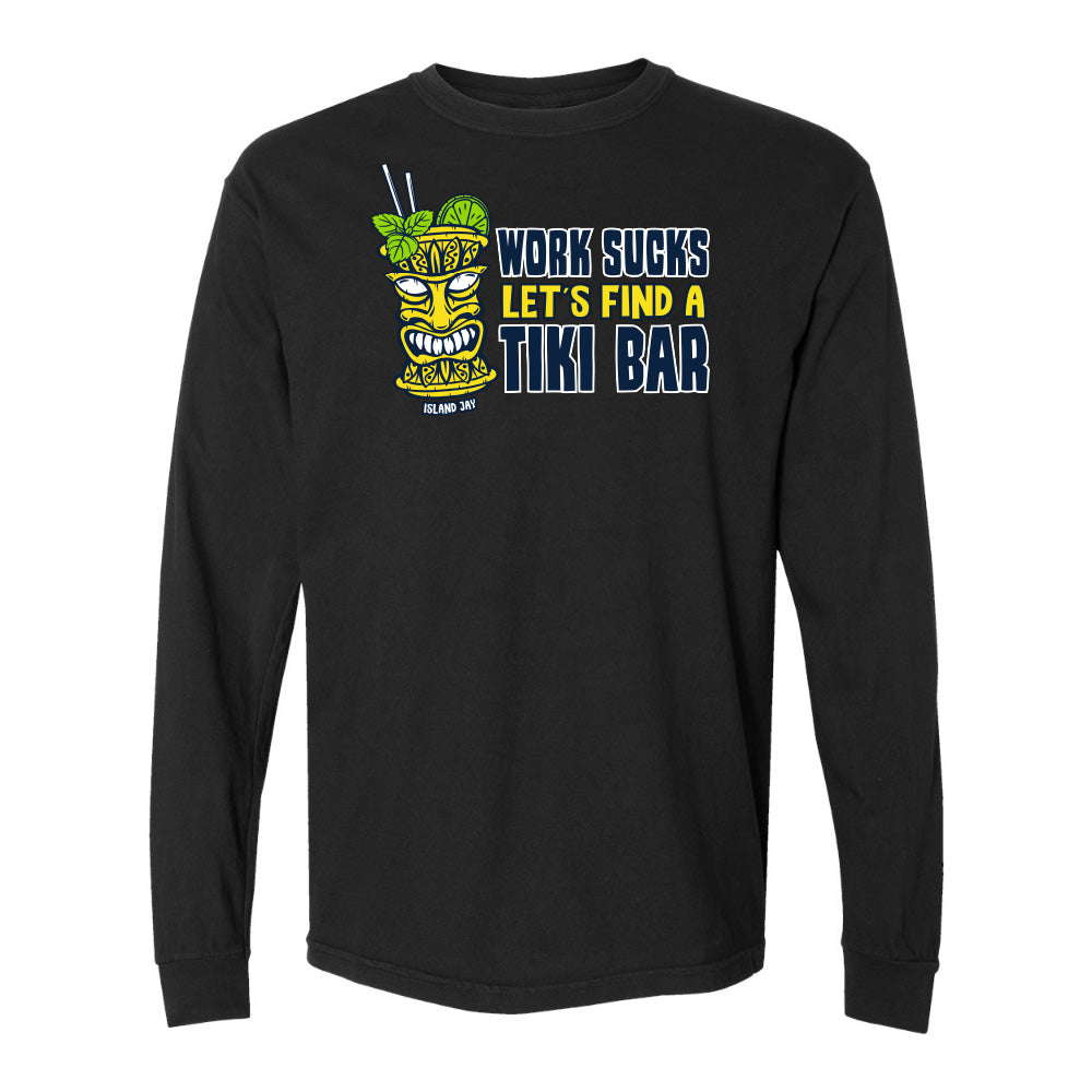 Black long-sleeve shirt with a tiki graphic and text on a white background