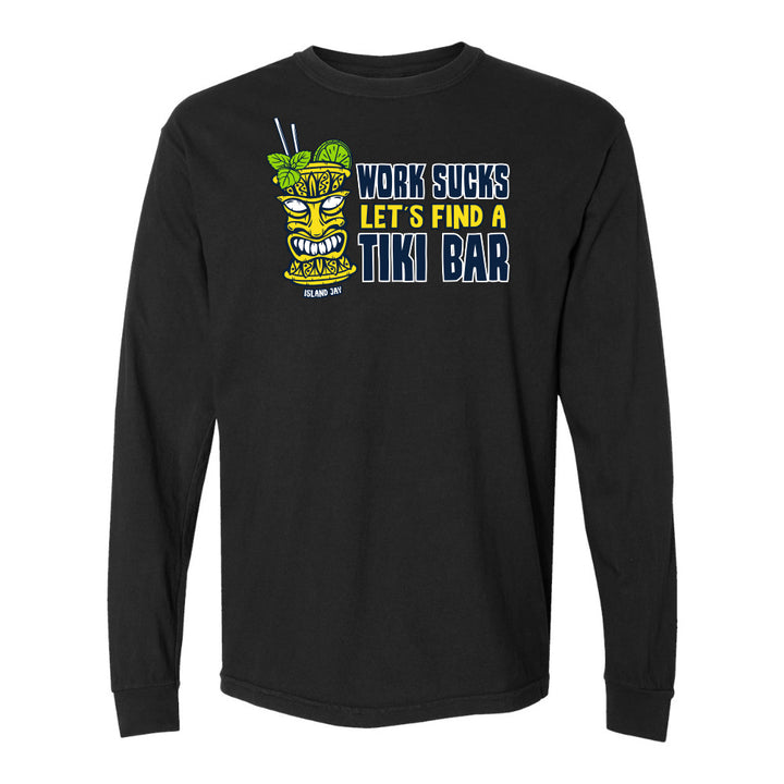 Black long-sleeve shirt with a tiki graphic and text on a white background