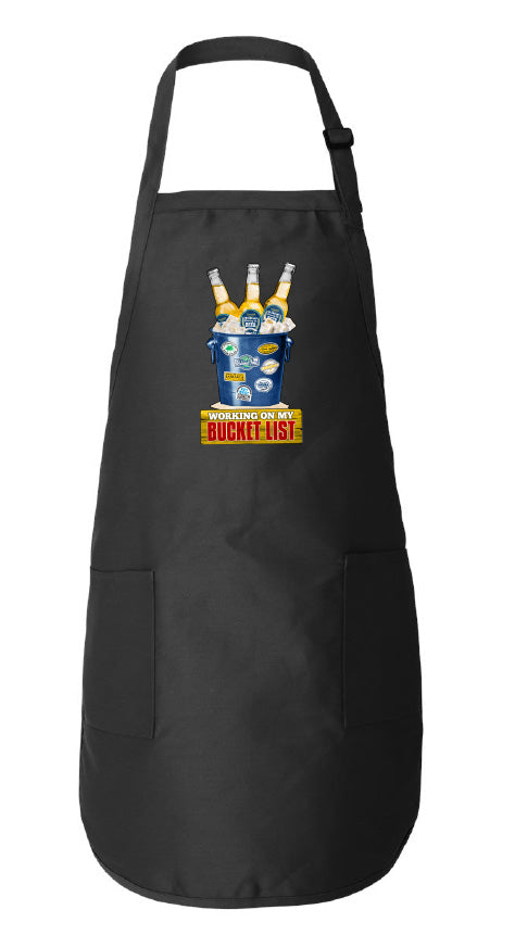 Black apron with 'Bucket List' graphic on a white background