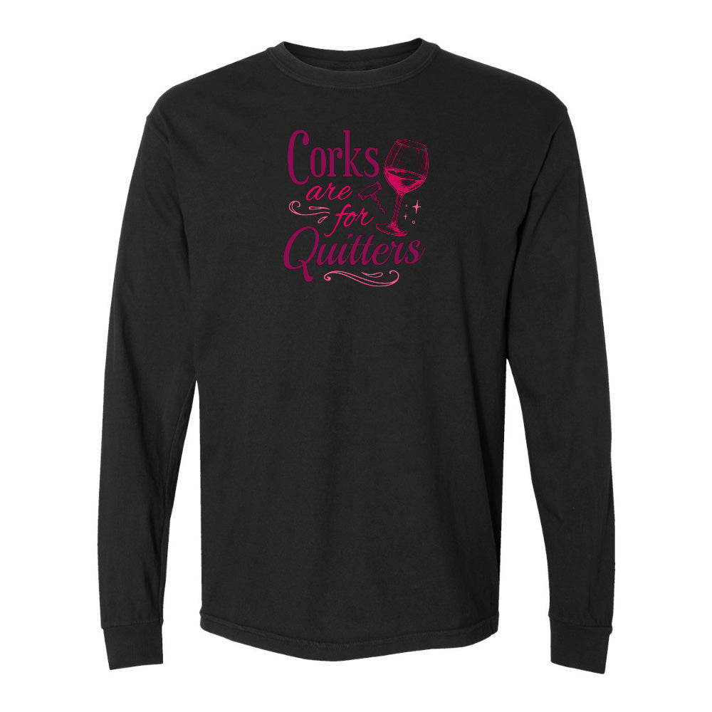 Black long-sleeve shirt with pink text and wine glass graphic on a white background