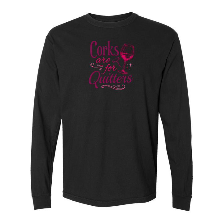 Black long-sleeve shirt with pink text and wine glass graphic on a white background