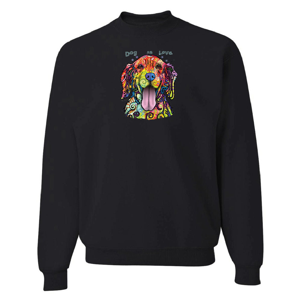 Black sweatshirt with a colorful dog graphic and text on a white background