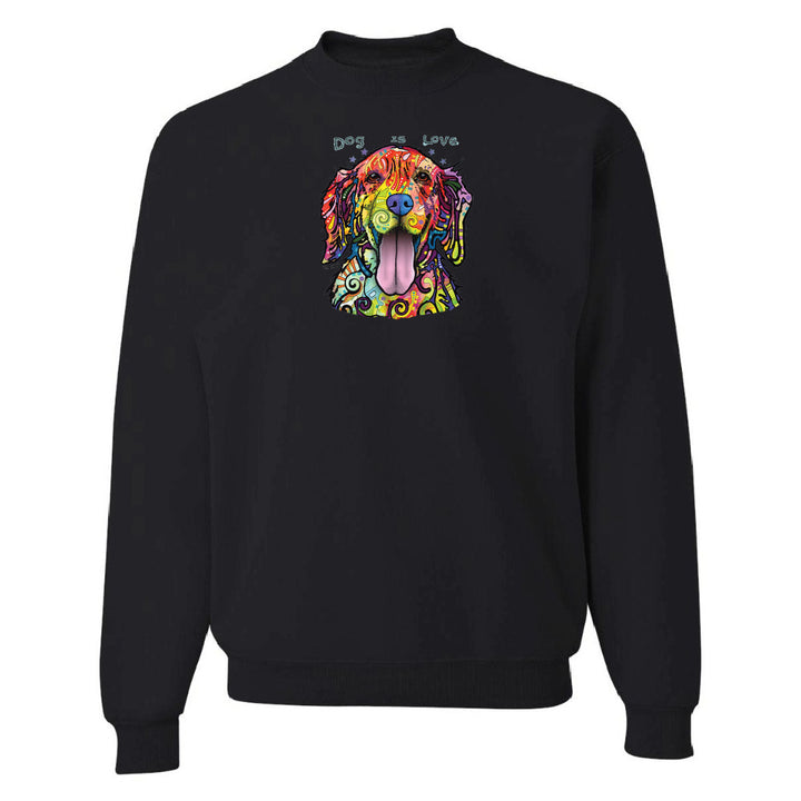 Black sweatshirt with a colorful dog graphic and text on a white background
